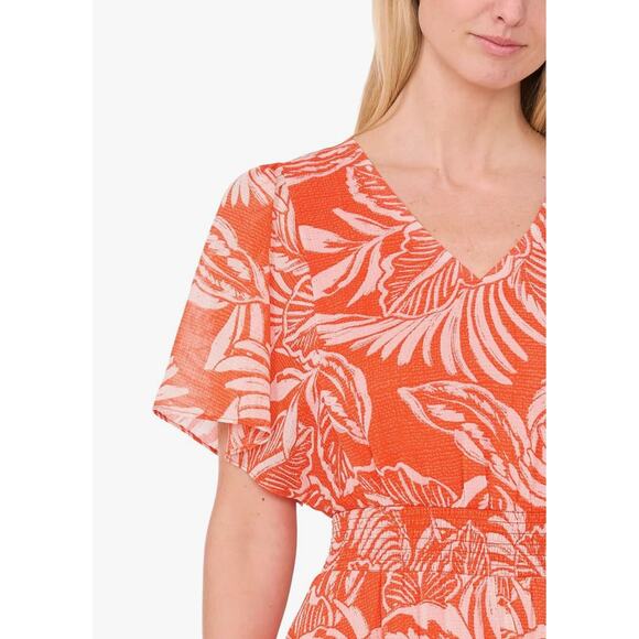 CeCe Floral Tropical Printed V-Neck Smocked Maxi Dress Orange Size Large - Picture 2 of 11